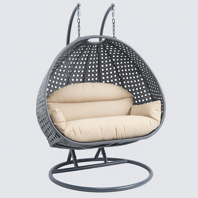 Modern Double Egg Rattan Swing Chair with Metal Stand – Outdoor Patio Hanging Chair for Garden or Balcony