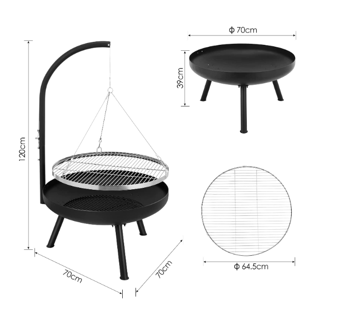 Adjustable Tripod Charcoal BBQ Grill & Fire Pit for Outdoor Camping and Backyard Cooking