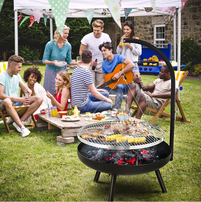 Adjustable Tripod Charcoal BBQ Grill & Fire Pit for Outdoor Camping and Backyard Cooking