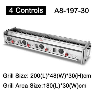 A8 Series 4 Controls Stainless Steel Gas BBQ Grill – Commercial Smokeless Kebab & Barbecue, LPG or Natural Gas