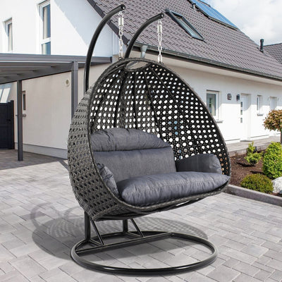 Modern Double Egg Rattan Swing Chair with Metal Stand – Outdoor Patio Hanging Chair for Garden or Balcony