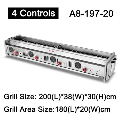 A8 Series 4 Controls Stainless Steel Gas BBQ Grill – Commercial Smokeless Kebab & Barbecue, LPG or Natural Gas