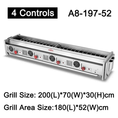 A8 Series 4 Controls Stainless Steel Gas BBQ Grill – Commercial Smokeless Kebab & Barbecue, LPG or Natural Gas