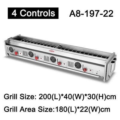 A8 Series 4 Controls Stainless Steel Gas BBQ Grill – Commercial Smokeless Kebab & Barbecue, LPG or Natural Gas