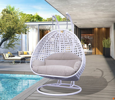 Modern Double Egg Rattan Swing Chair with Metal Stand – Outdoor Patio Hanging Chair for Garden or Balcony