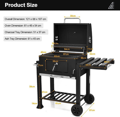 Garden Heavy Duty Offset Smoker Charcoal BBQ Grill with Chimney – Outdoor Trolley Design
