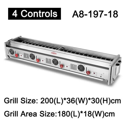 A8 Series 4 Controls Stainless Steel Gas BBQ Grill – Commercial Smokeless Kebab & Barbecue, LPG or Natural Gas