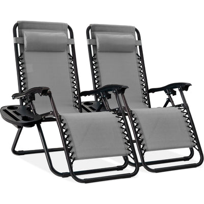 Set of 2 Adjustable Zero Gravity Outdoor Patio Chairs with Cup Holder Trays and Headrests